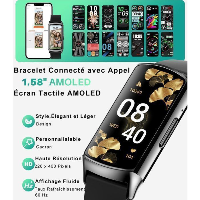 Smartwatch, sport- en fitnesstracker, Bluetooth-bellen, AMOLED-scherm, batterijduur van 10 dagen, 240 mAh-batterij, zwarte rechthoekige behuizing van legering, 1,58 inch (4 cm)