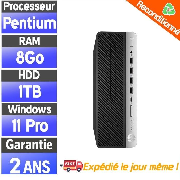 Ordinateur Fixe HP ProDesk 600 G3 - 8Go RAM - Disque Dur 1To - Windows 11 Pro - Reconditionné