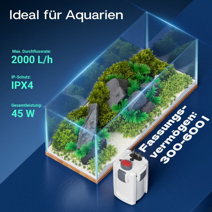 Filtro externo para acuario SunSun HW-704B, caudal de 2000 l/h, UVC de 9 W y 4 etapas de filtración, materiales y bomba incluidos.