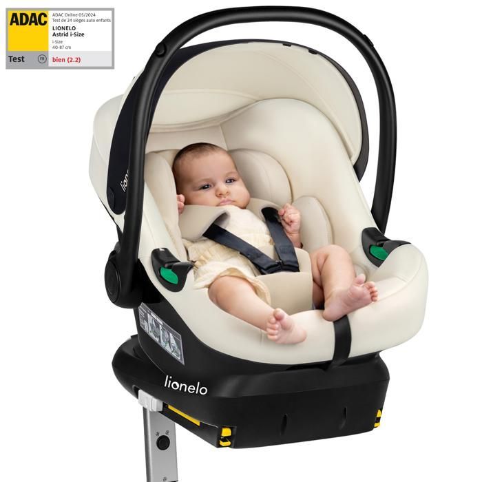 Seggiolino auto LIONELO Astrid i-Size (40-87 cm) con base ISOFIX - ADAC - Porta-neonati - Leggero - Crema