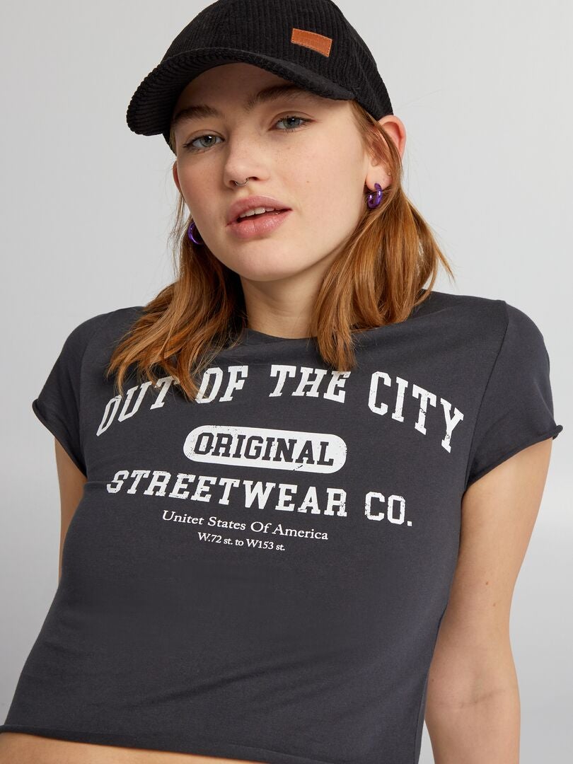 Jersey crop top met ronde hals - ZWART
