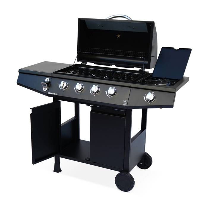 Barbecue gaz 4 brûleurs + 1 feu latéral avec roues, tablettes, thermomètre et housse TREVILLE 4 AVEC HOUSSE
