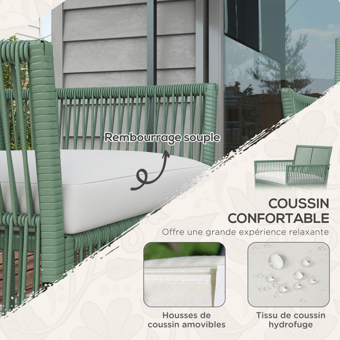 Conjunto de muebles de jardín Outsunny de 4 piezas: sofá de 2 plazas + 2 sillones + 1 mesa de centro con tablero de cristal templado y 3 cojines.