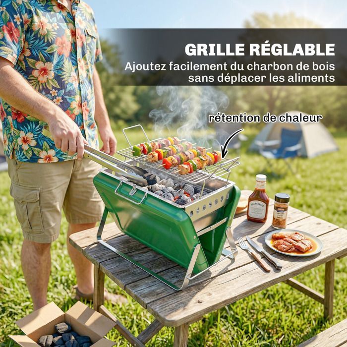 Barbecue au charbon de bois - Outsunny - portable et pliable - poignée et pieds repliables - acier - 40 x 28 x 25,5 cm - vert foncé