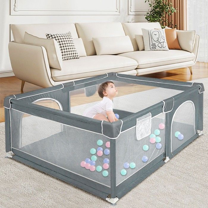 XXL Baby Playpen - MIPAN - With Zipped Door + Storage Bag - Can Be Chewed - Anti-collision - For 3-4 Years - 120*160*66cm - Grey