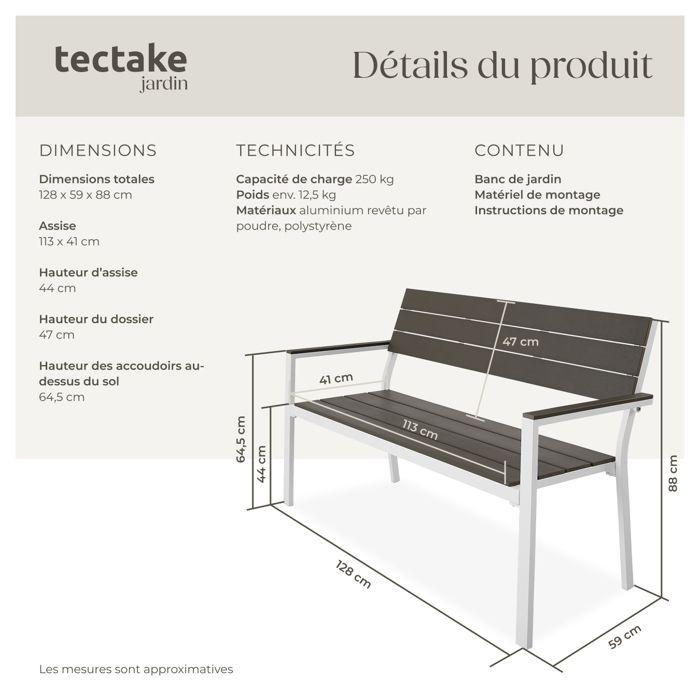 Tuinbank - TECTAKE - LINE 2-zits tuinbank van aluminium met houtlook, 128 x 59 x 88 cm - Lichtgrijs/Wit