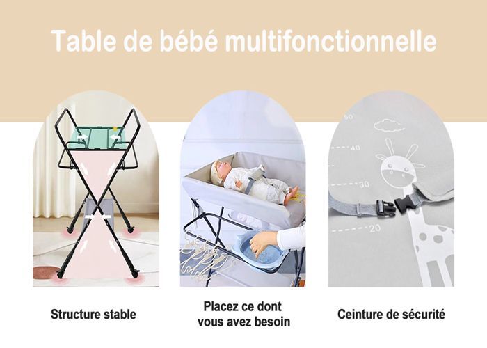 Table à langer Pliable pour bébé avec Roulettes, Sac de rangement - Hauteur réglable -Gris