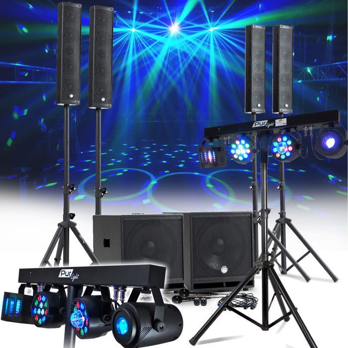 KIT SONO COMPLET 2400W DJ BM SONIC, 4 Enceintes satellites, 2x MEGA SUB 38cm USB/Bluetooth, Câbles, Micros, 2 PORTIQUES LUMIERES