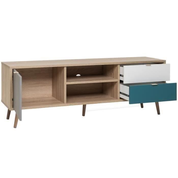 Mueble de TV escandinavo CUBA - Acabado en roble, gris, blanco y azul petróleo - 1 puerta - Ancho 150 x Profundidad 40 x Alto 51 cm