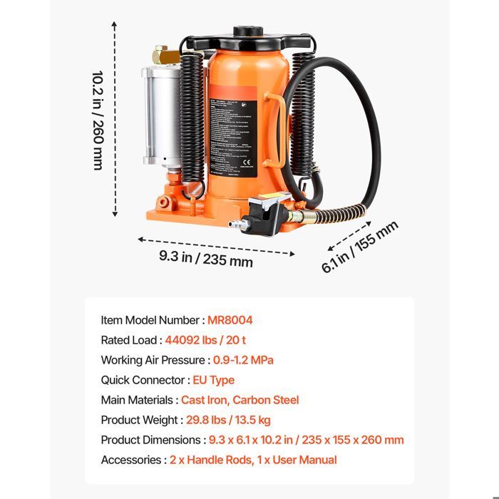 Gato hidráulico y neumático de 20T - Duoku - Herramienta de elevación de vehículos con un rango de elevación de 26 a 49,5 cm - Equipado con bomba - Naranja