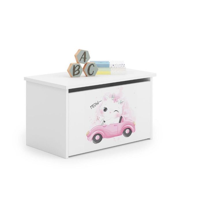 Coffre à jouets pour enfants - DARIA - Boîte de rangement - Vérin pneumatique - BLANC - Chat