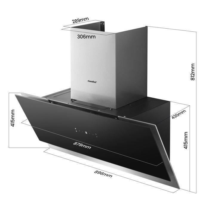 Comfee 90 cm schuine afzuigkap, 800 m³/u, klasse A++, 4 snelheden, BLDC, afzuiging en recirculatie, gebarenbediening, zwart glas