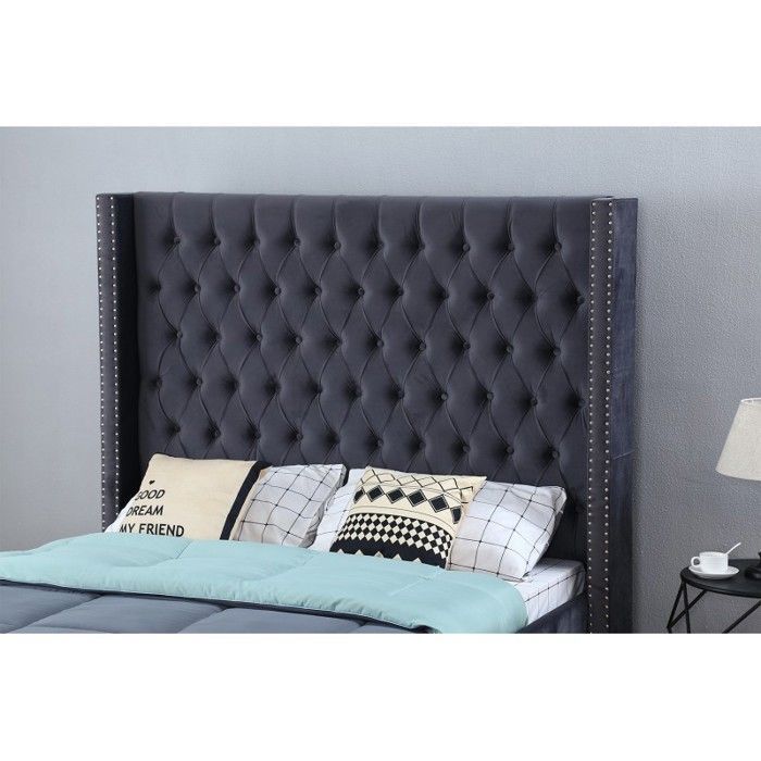 Lit Design Grande Tête De Lit Lia - Velours Gris - 140x190