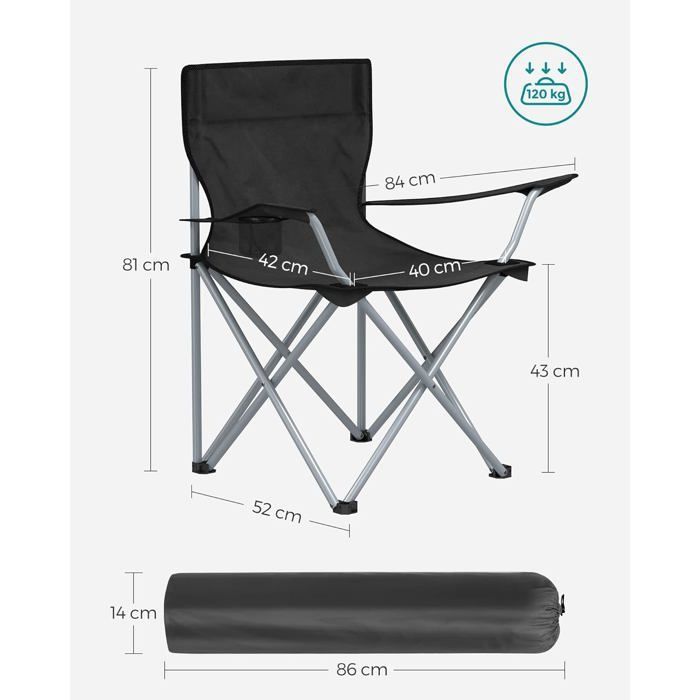 Juego de 2 sillas plegables de camping SONGMICS - con reposabrazos y portavasos - Estructura estable - Capacidad de carga de 120 kg - Negras
