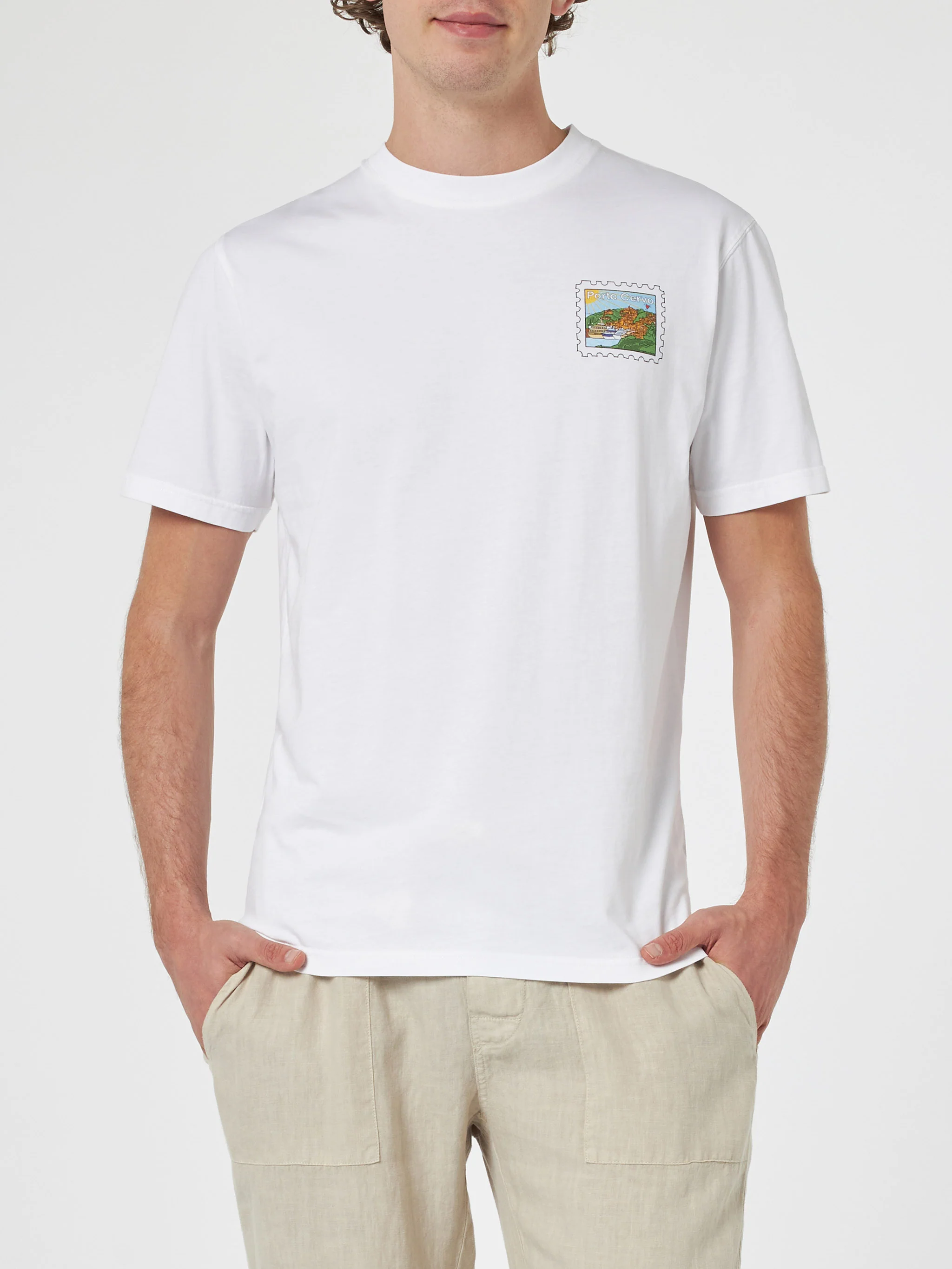 Heren katoenen T-shirt met print van een Porto-ansichtkaart op de voor- en achterkant.