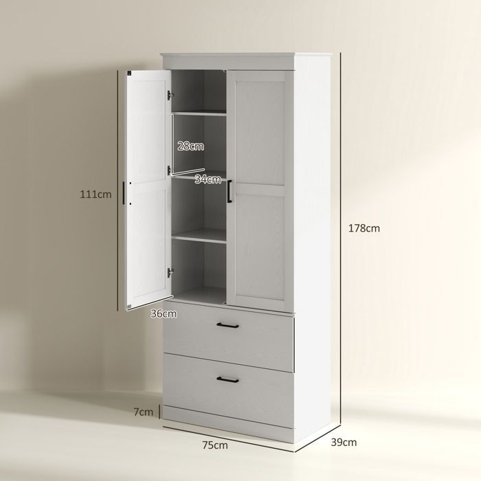 Armoire de cuisine HOMCOM buffet cuisine vaisselier meuble de rangement moderne avec placard 2 tiroirs et étagères réglables, crème