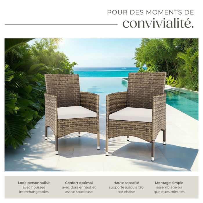 Sedie da giardino - TECTAKE - Set di 2 sedie da giardino in rattan NANTES, set di 2 fodere incluse - Marrone naturale/Grigio scuro