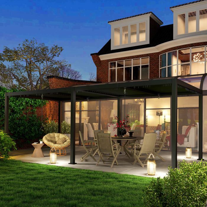Pergola bioclimatique - Outsunny - persiennes manivelle - toit réglable en aluminium et crochets - 3 x 6 m - gris