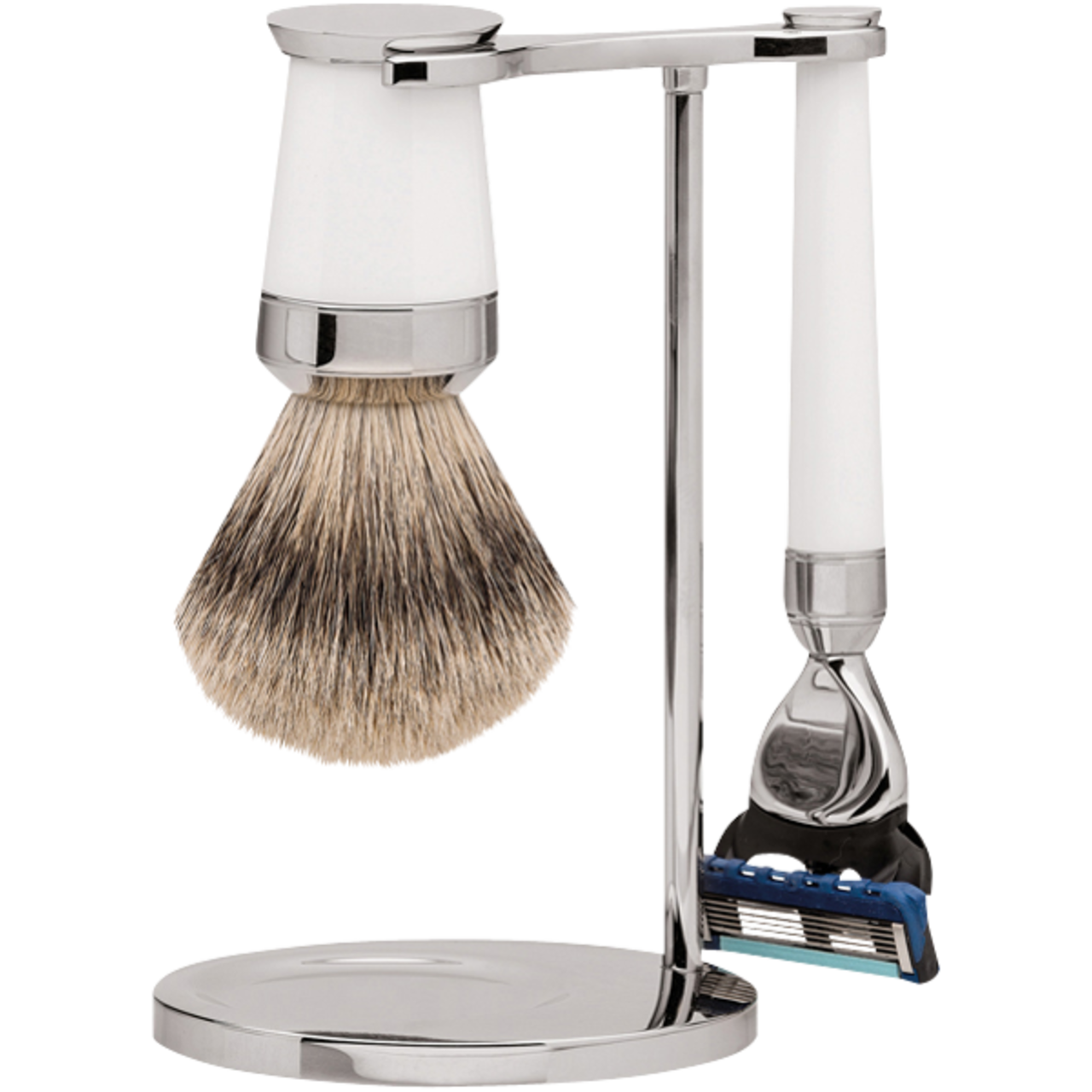 Coffret cadeau de soins du visage ERBE - Design haut de gamme PARIS Rasoir Gillette Fusion et blaireau blanc 1 pc. + Blaireau argenté en résine précieuse blanche 1 pc. + Blaireau avec support 1 pc.