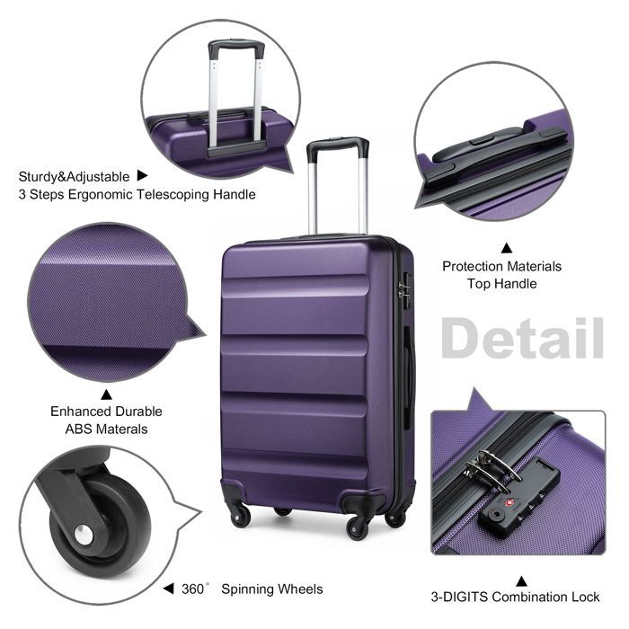 Maleta de cabina Kono de 55x38x20cm, ABS, ligera, rígida, con ruedas y cerradura TSA, color morado.