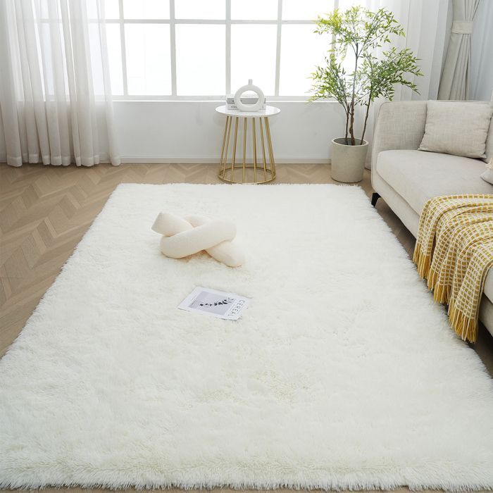 Hoogpolig vloerkleed voor de woonkamer, 120 x 160 cm, nachtkastje vloerkleed met lange pool, wit/beige, zacht vloerkleed voor woonkamer, slaapkamer en bank.