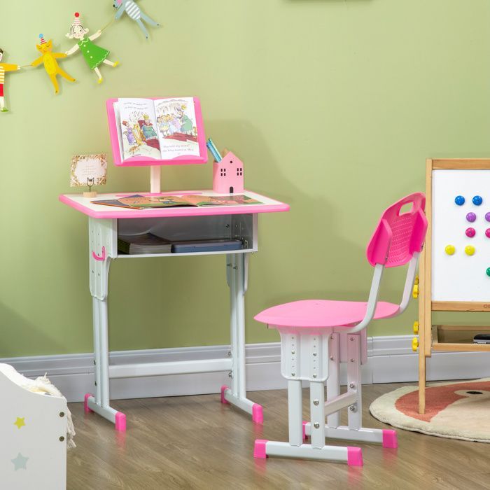 HOMCOM children's desk and chair with reading stand, storage compartment, hook and pen holder - adjustable height - 60 x 45 x 90-102 cm