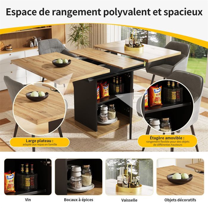 Mesa de comedor extensible con almacenamiento, mesa de cocina cuadrada para 4 a 6 personas, mesa de comedor extensible en color natural y negro.