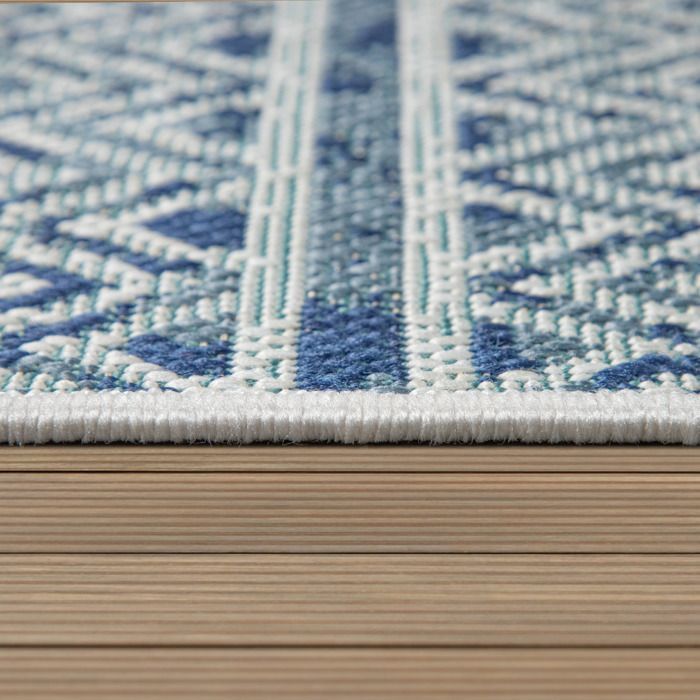 Alfombra de exterior Paco Home. Resistente a la intemperie. Balcón/Cocina. Estilo marroquí vintage/moderno. Azul/Crema. 120 x 170 cm.
