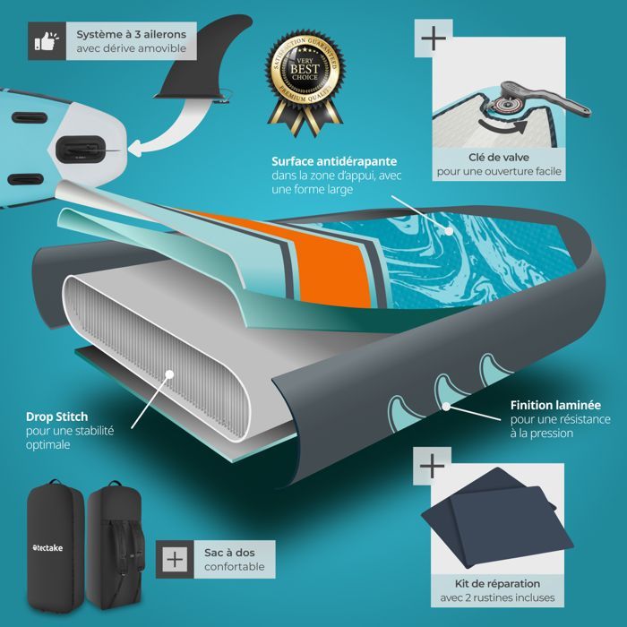 Planche de stand-up - TECTAKE - Paddle 2 en 1 gonflable kit complet en Drop-Stitch, 3 ailerons - turquoise orange