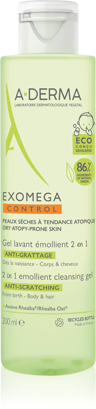 A-Derma Exomega Control 2 v 1 zmäkčujúci čistiaci sprchový gél pre suchú a atopickú pokožku