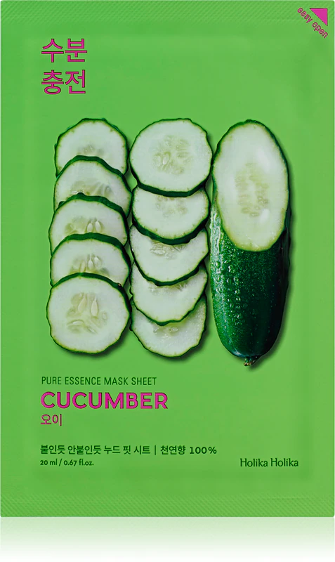 Máscara facial calmante de pepino Holika Holika Pure Essence para peles sensíveis e propensas a manchas.