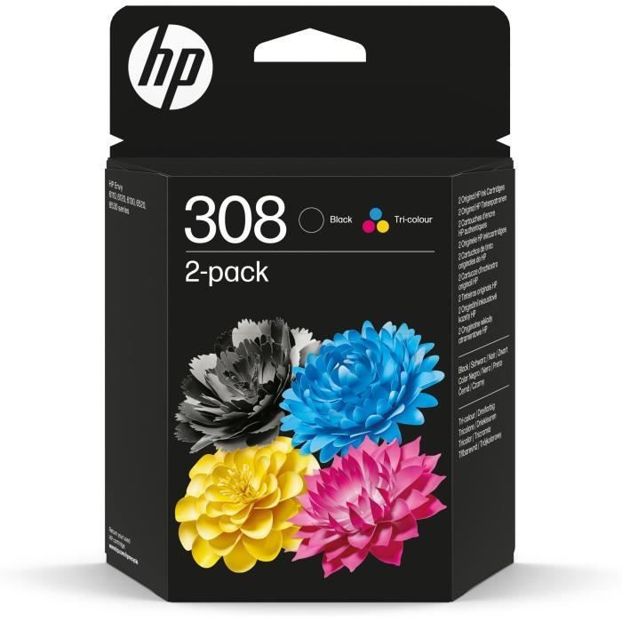 Pack de 2 cartouches d’encre HP 308 authentiques noire et tricolore (6L6S6UE) pour HP Envy 6110, 6120, 6130, 6520, 6530