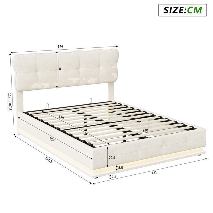 Lit 140x190 cm - LED - tissu en velours - cadre de lit adulte - beige