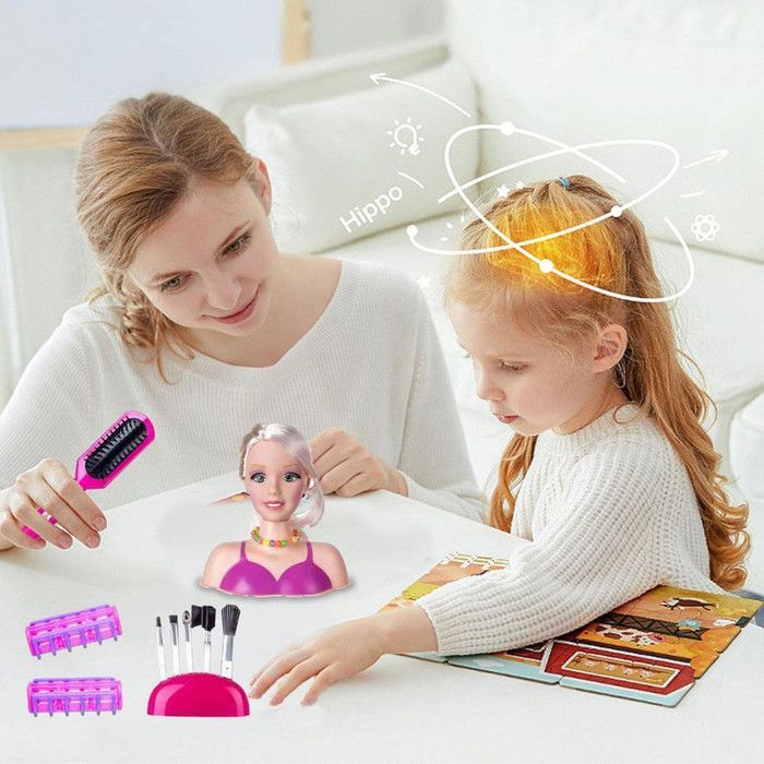 40-Piece Children's Doll Hair Styling Set - Styling and Makeup Head - Beauty Accessories, Hair Dryer, Makeup and Clips - Toy