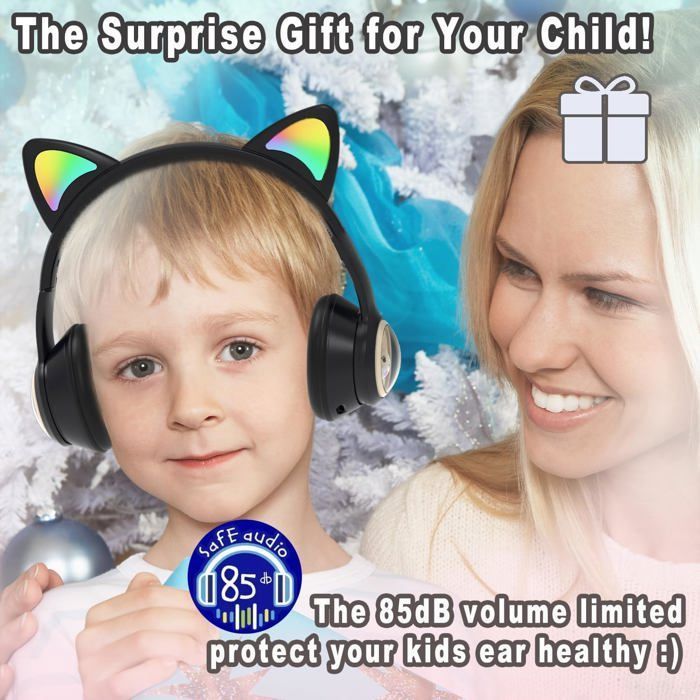 Cuffie Bluetooth per bambini 85dB: cuffie on-ear pieghevoli (con filo/wireless + LED)