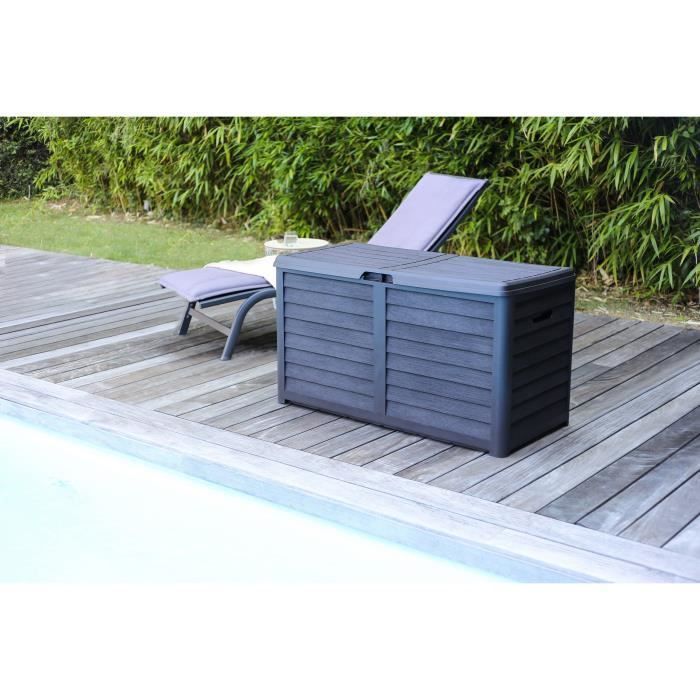 Caixa de armazenamento de jardim em plástico - EDA - BAYA - 420 L - Acabamento com efeito de madeira - 117,3 x 54,8 x A. 65,3 cm - Cinza antracite