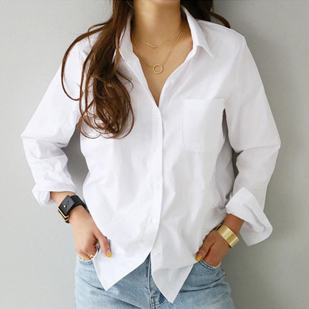 Camicetta bianca alla moda da donna a maniche lunghe, tinta unita, colletto risvoltato, top casual con bottoni, camicie Blusas chemise blanche femme 0