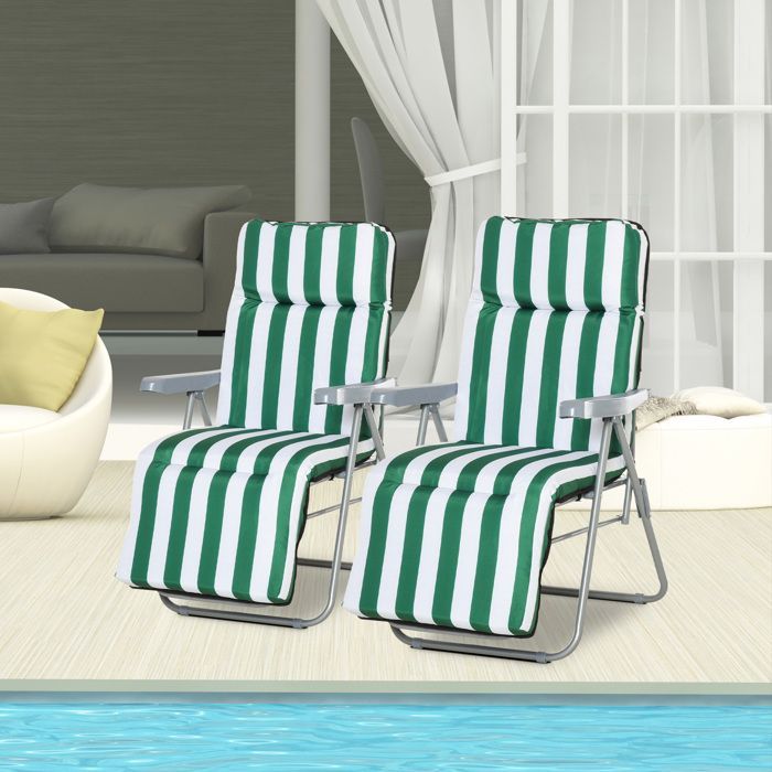 Lot de 2 chaise longue - Outsunny - bain de soleil - adjustable pliable transat - lit de jardin - en acier - vert + blanc