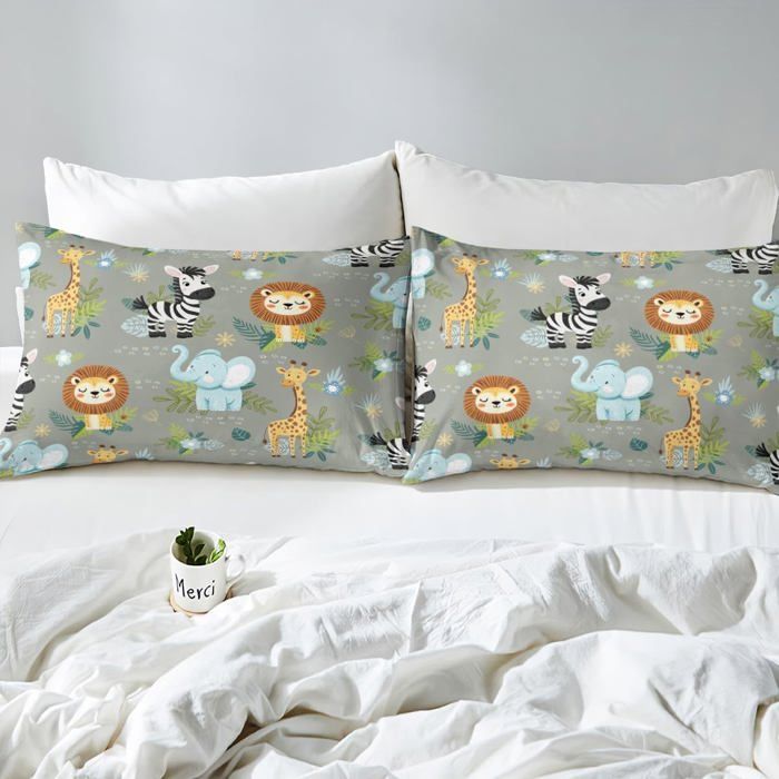 Funda nórdica infantil de 140x200cm con animales de dibujos animados, juego de funda nórdica con león, elefante, cebra y jirafa.