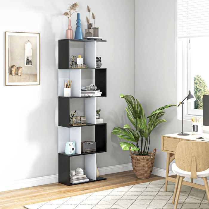 Estantería - HOMCOM - Mueble de almacenamiento en forma de S de 5 niveles para salón/dormitorio - Madera - 60x24x184,5cm - Blanco y negro