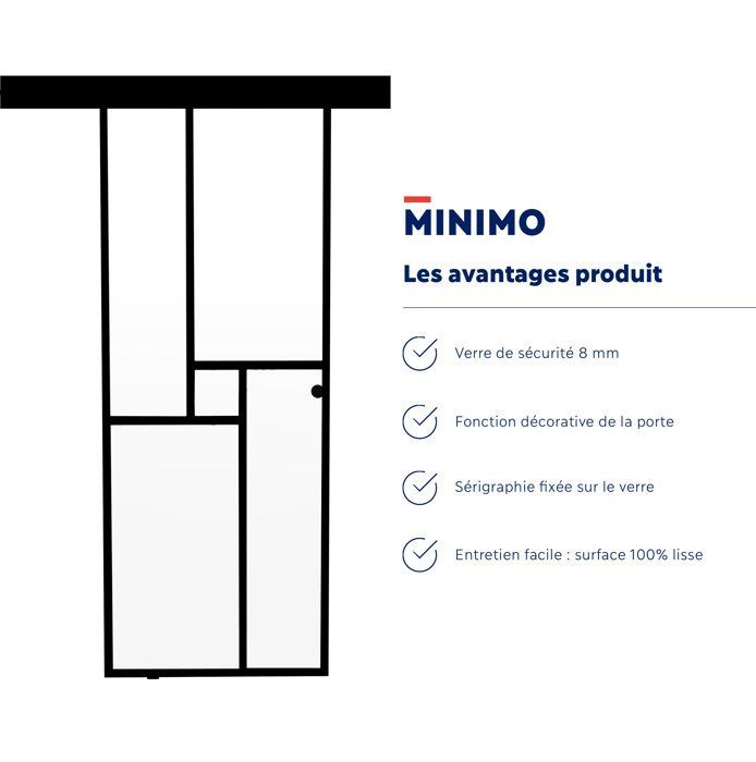 MINIMO schuifdeurset van glas + zwarte rail/kozijn - H. 200,5 x B. 72,5 - Gemaakt in Frankrijk