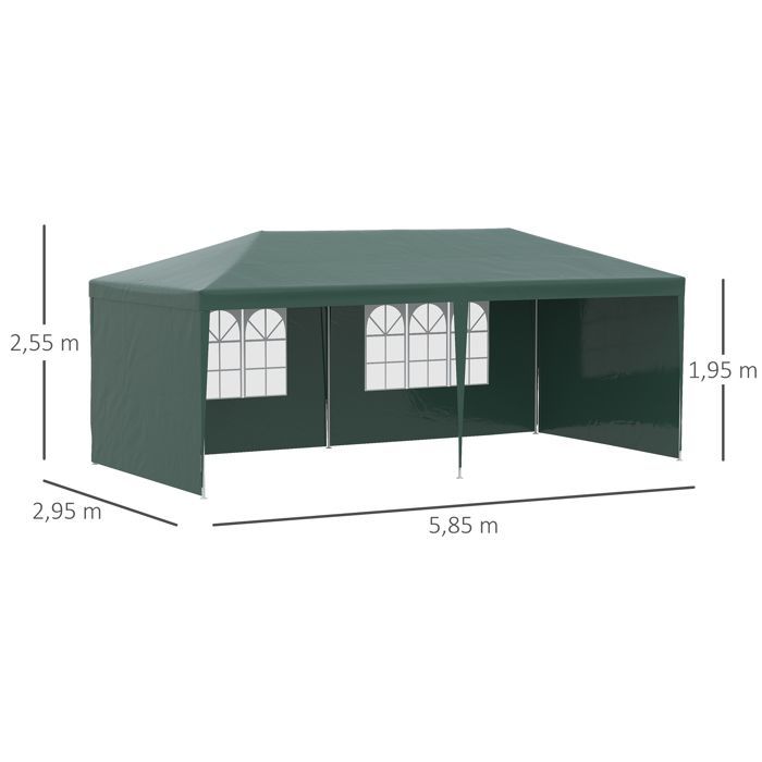 Tonnelle de jardin, tente de réception avec Fenêtres et parois latérales amovibles, pour fêtes et mariages, 6 x 3 m Vert