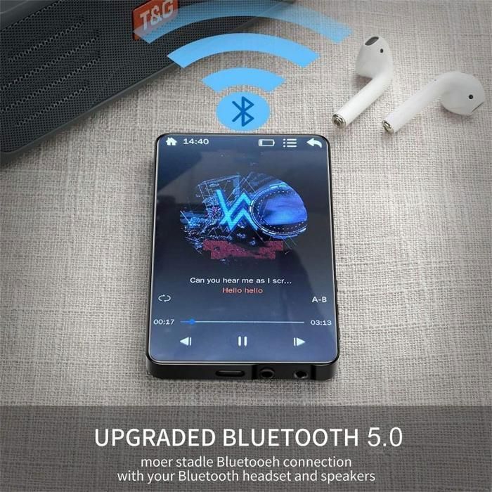Lettore MP4, Bluetooth, touchscreen da 4 pollici, memoria da 16 GB, HD 1080p, qualità audio senza perdita di dati, altoparlante integrato, nero