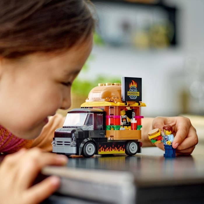 LEGO® 60404 City Le Food-truck de Burgers, Jouet de Camionnette, Jeu Imaginatif avec Camionnette et Minifigurines