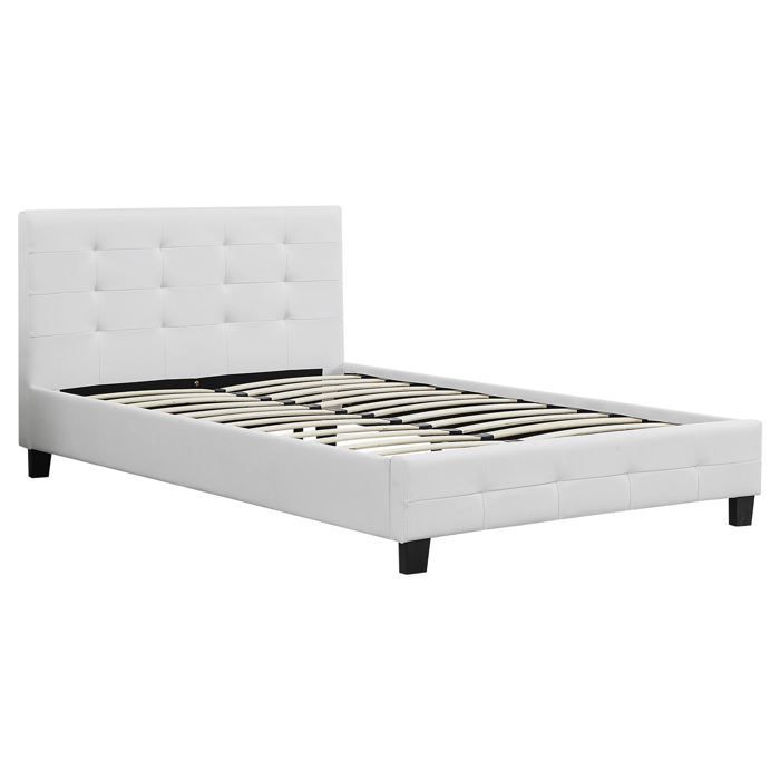 Cama individual MARLON para adultos con somier de láminas de 120x190 cm, para 1,5/1 persona, cabecero y piecero tapizados en material sintético.