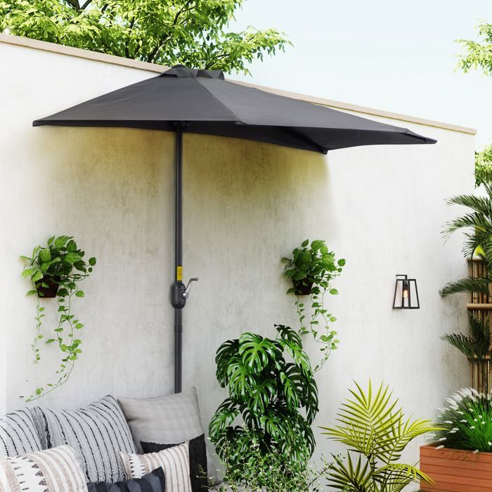 Ombrellone a mezzo collo - Outsunny - apertura e chiusura a manovella - Metallo, poliestere 180 g/m² - 269x138x236cm - grigio