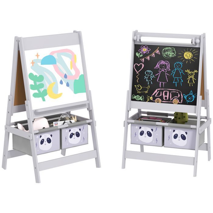 Pizarra de caballete infantil - AIYAPLAY - Doble cara - Pizarra blanca - Pizarra de tiza con rollo de papel - 2 cestas - Gris