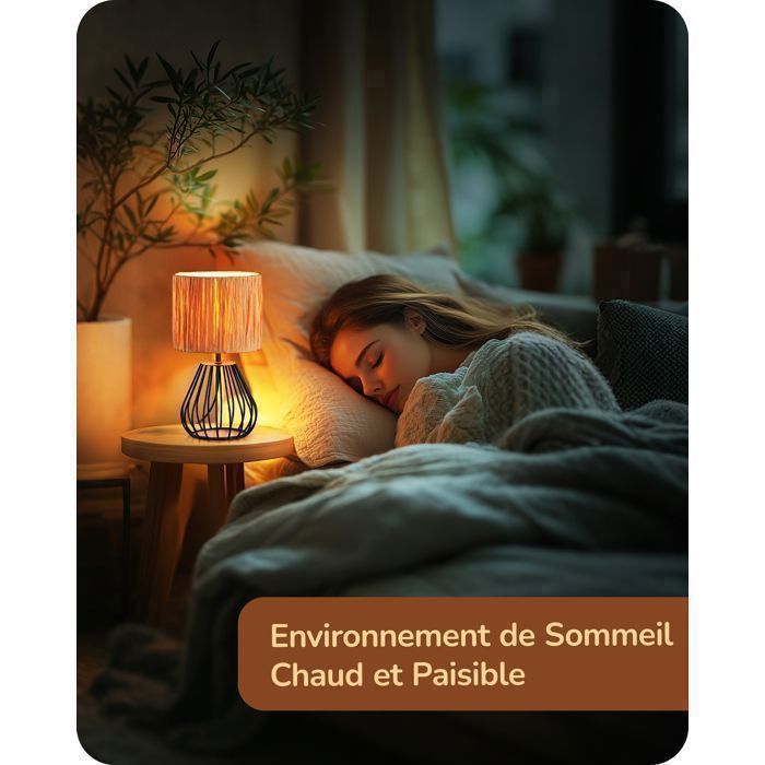 EDISHINE Table Lamp, E14 2700K LED Bulb Included, Raffia Paper Shade, Iron Cage Base
