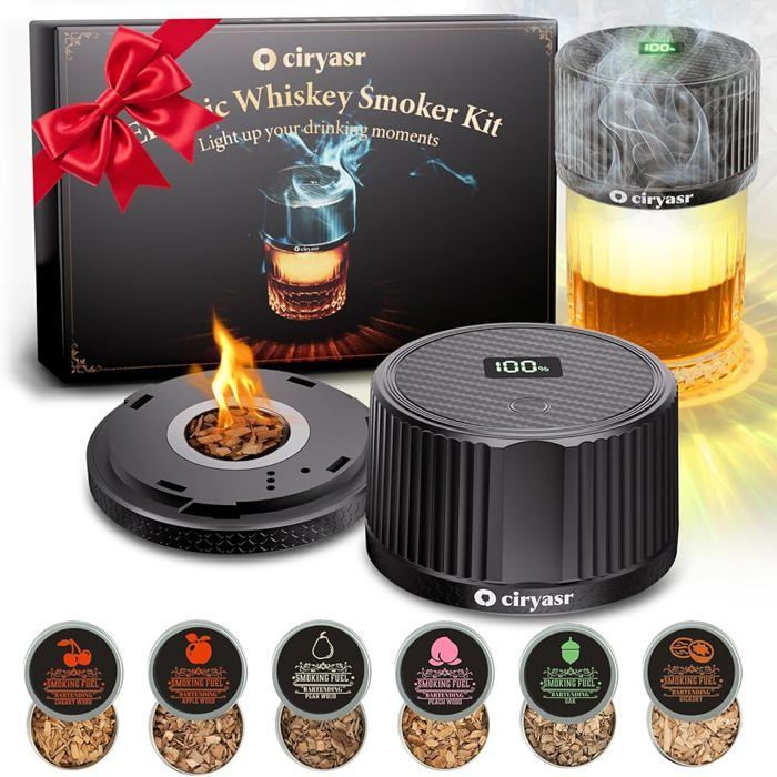 Electric Whiskey Smoker Kit with 4 Lighting Modes, 6 Wood Chips, Butane-Free, for Men, Dads and Husbands
