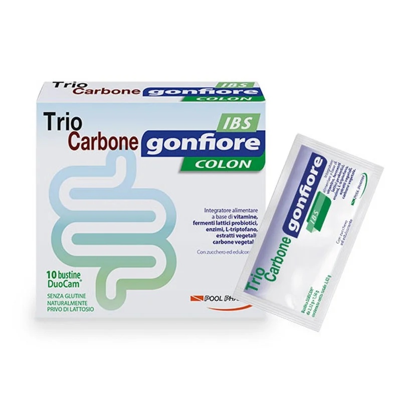 POOL PHARMA Trio Carbone contra inchaço do cólon, SII (Síndrome do Intestino Irritável), 10 sachês, suplemento alimentar com fermentos lácteos.